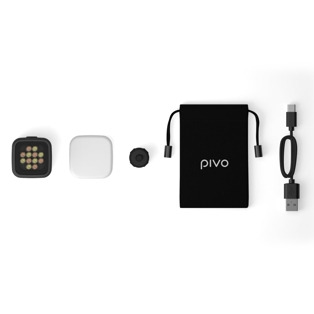 Compact LED Smart Video Light with diffuser, cold shoe mount, USB cable, and black carrying pouch by Pivo.